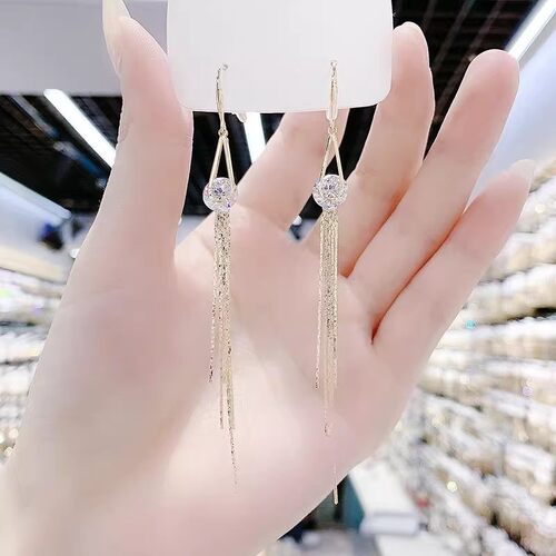 撤柜轻奢气质长款锆石水滴流苏耳环百搭时尚简约小众高级感耳饰耳