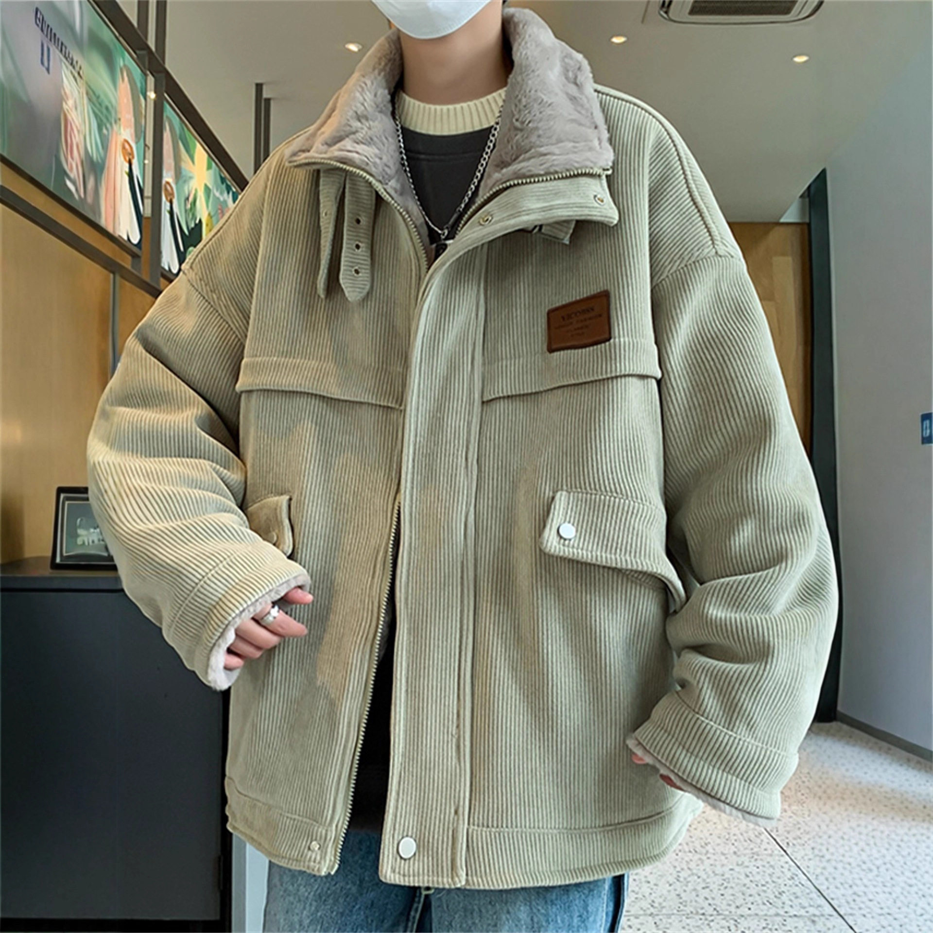 德国灯芯绒夹克男生冬新款加绒加厚立领工装棉衣外套青少年保暖冬