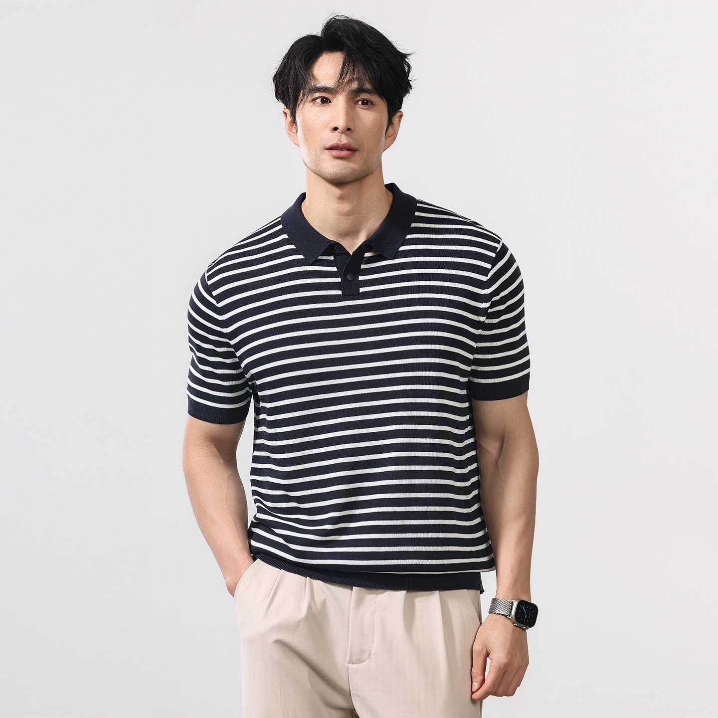 德国翻领条纹短袖T恤男士老钱风半袖POLO衫夏季新款日系复古潮流