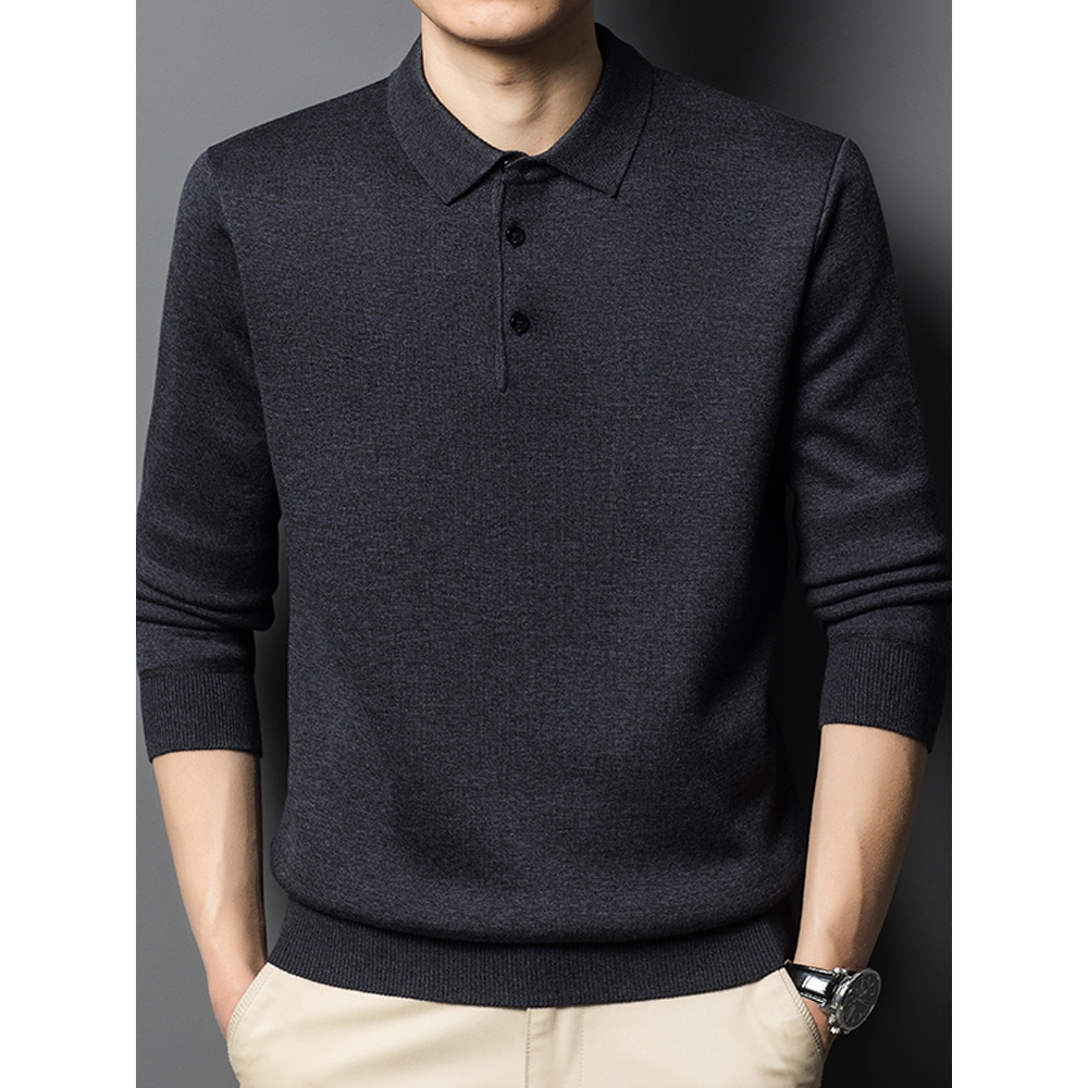 甄选时尚冬季中年男士翻领纯色含羊毛polo衫毛衣加绒加厚保暖针织
