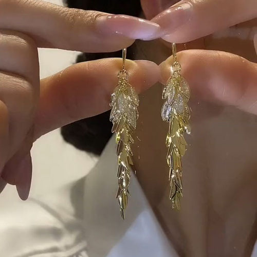 撤柜气质轻奢高级感闪钻锆石麦穗耳环小众设计感长款流苏叶子耳饰