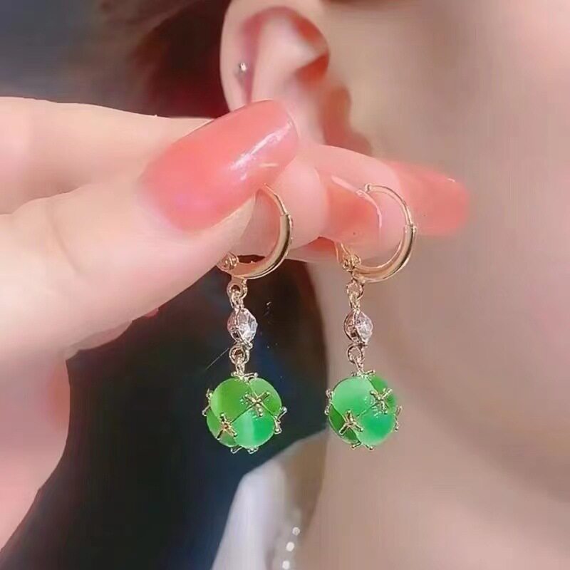 撤柜绿色猫眼石钻球耳环女小众设计耳扣时尚气质百搭轻奢网红长款