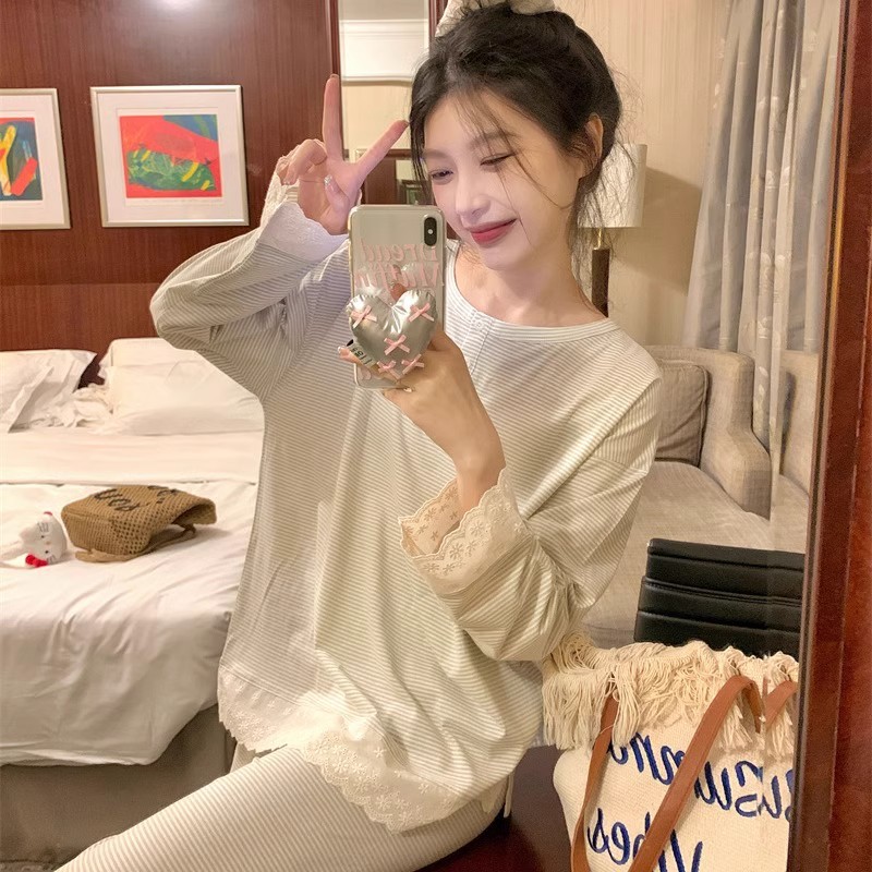 德国睡衣女冬季长袖长裤韩版甜美蕾丝休闲条纹纯棉家居服两件套装