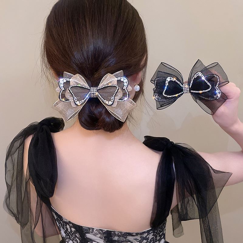 撤柜欧美多层黑色彩钻欧根纱立体蝴蝶结顶夹发夹弹簧夹日韩系发饰