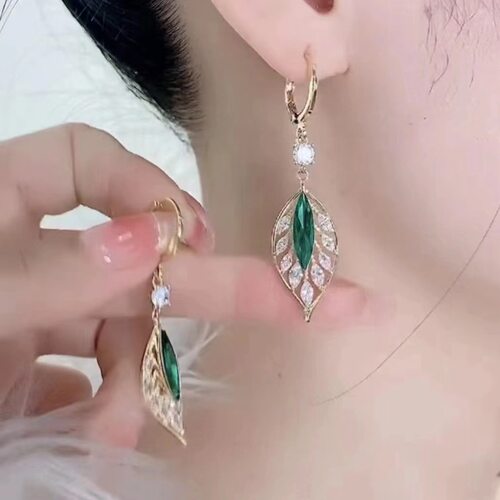 撤柜超闪锆石绿色树叶耳环耳扣女轻奢高级感气质长款耳饰年新款潮