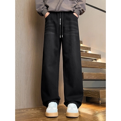 香港撤柜冬季青少年牛仔裤子男孩初中高中学生加绒加厚大童阔腿直