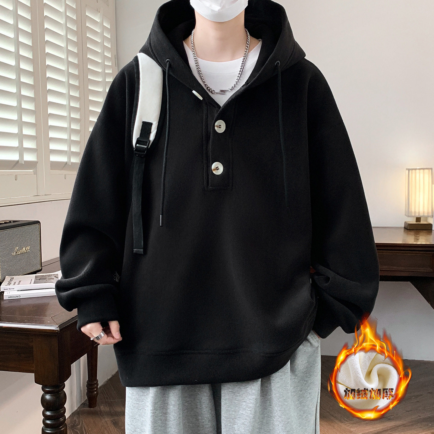 德国冬季加绒卫衣男孩初中高中学生加厚连帽外套青少年大童冬装上