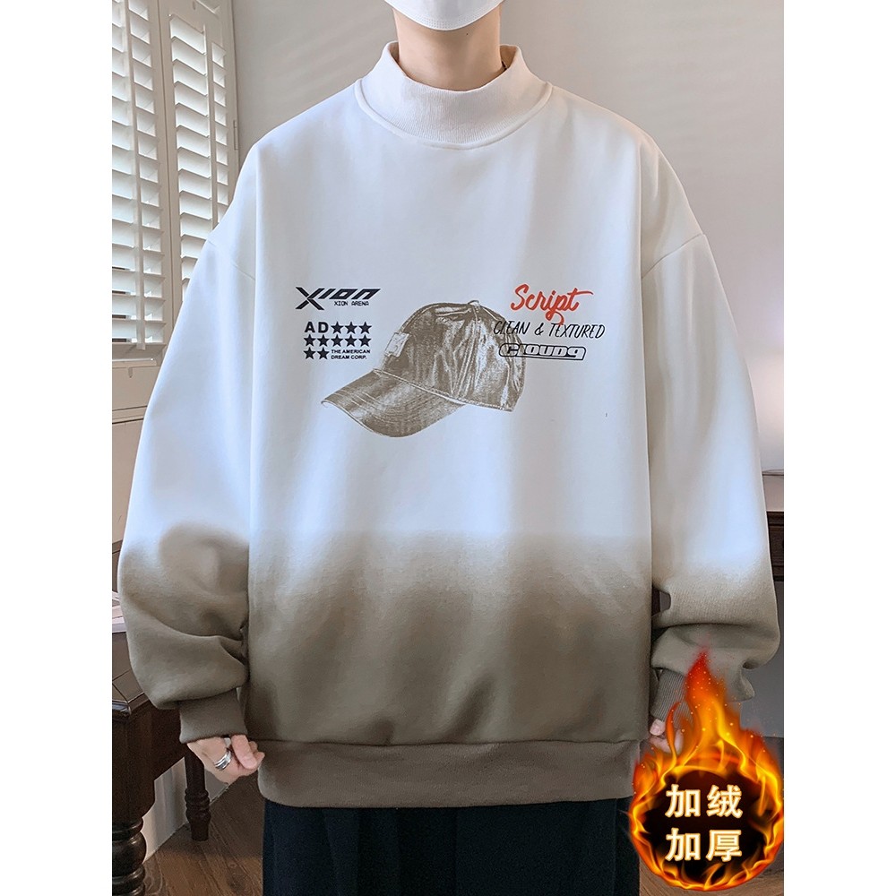 欧洲站加绒加厚卫衣男冬款半高领长袖t恤男保暖衣青少年初高中学