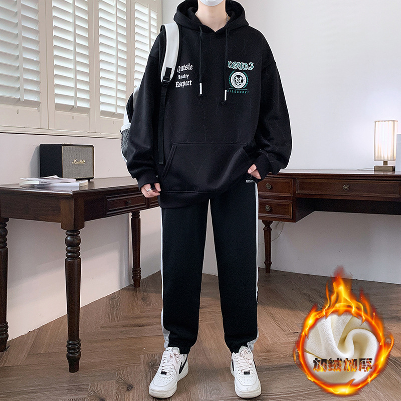 香港撤柜青少年冬季加厚运动套装初高中学生加绒连帽卫衣男孩两件