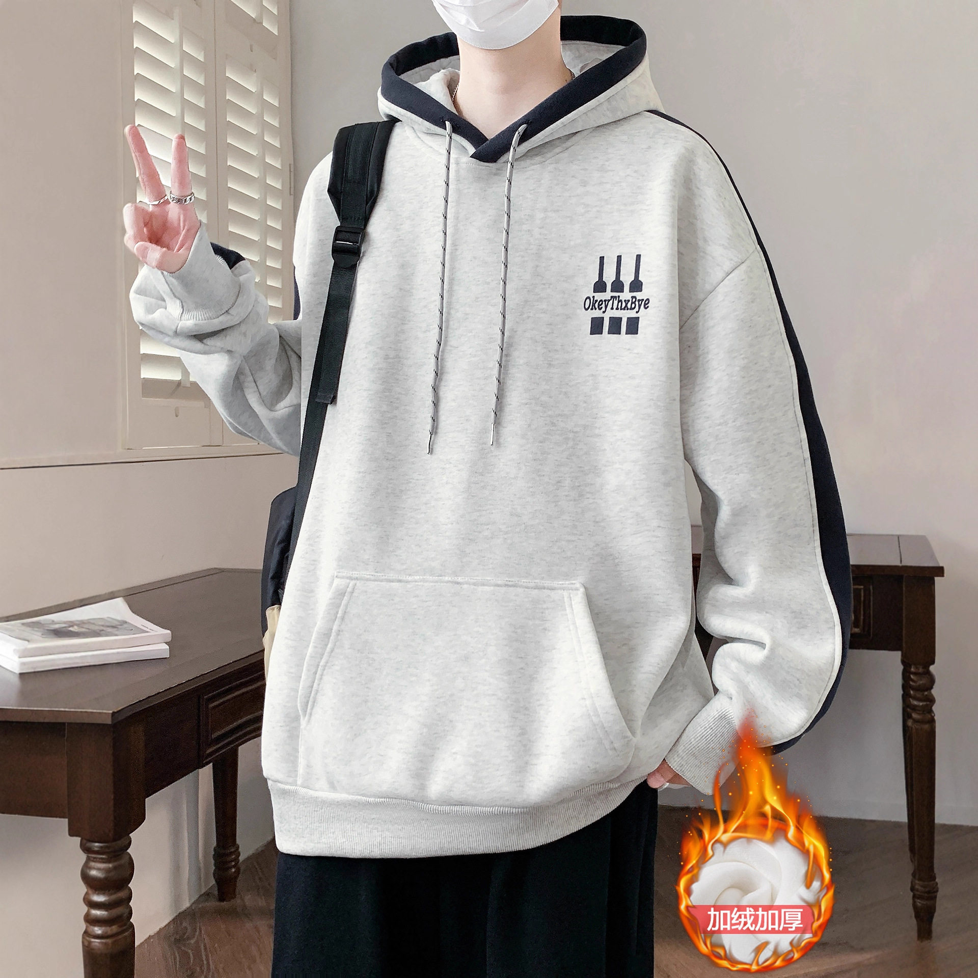 德国冬季青少年加绒加厚卫衣男孩高中初中学生连帽外套大童保暖上