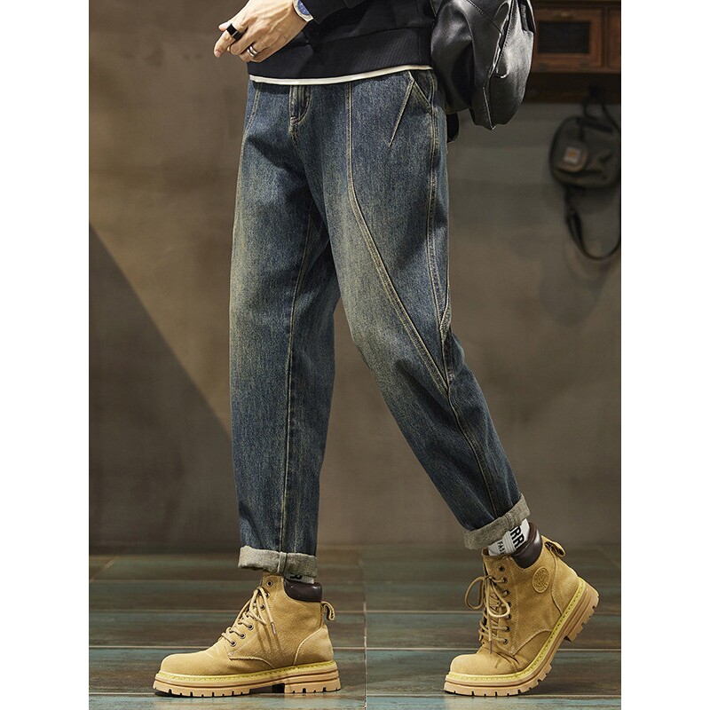 德国冬加绒美式潮牌男生复古锥形牛仔裤男士宽松直筒新款哈伦裤