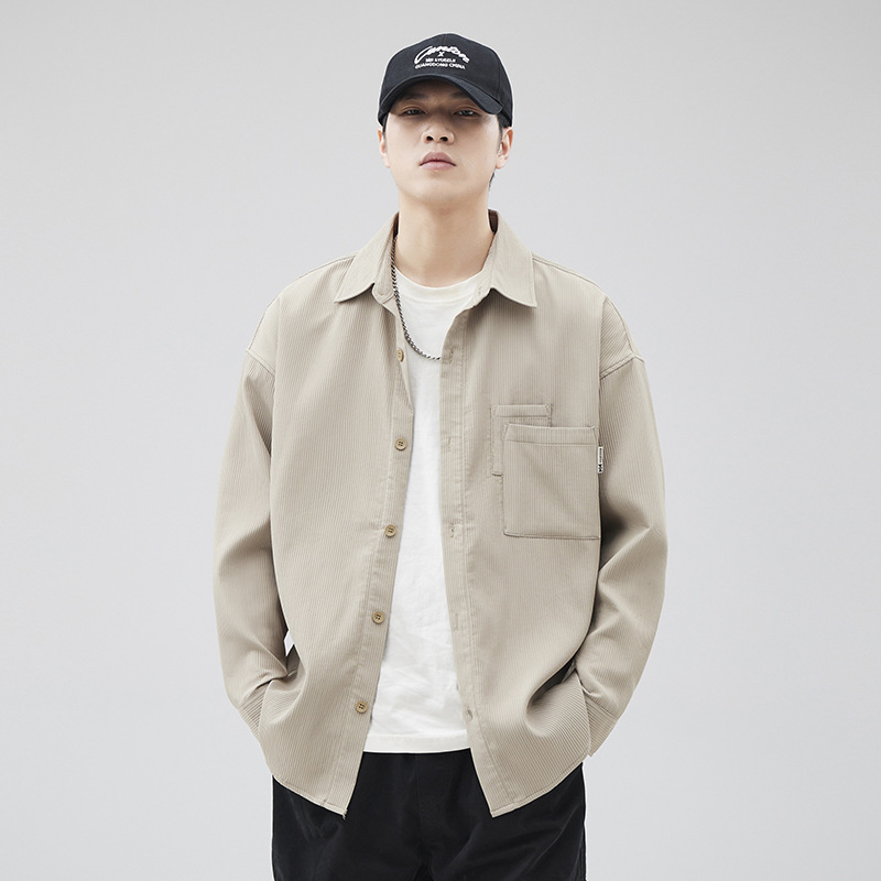 优选时尚衬衫韩版男装休闲衬衣季新款翻领外穿薄款潮条纹长袖衫