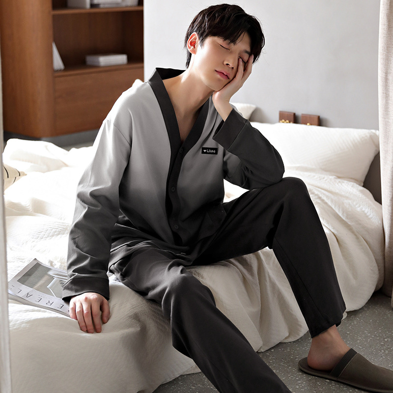 潮牌男士睡衣季纯棉开衫长袖长裤套装新款青少年冬款大码家居服