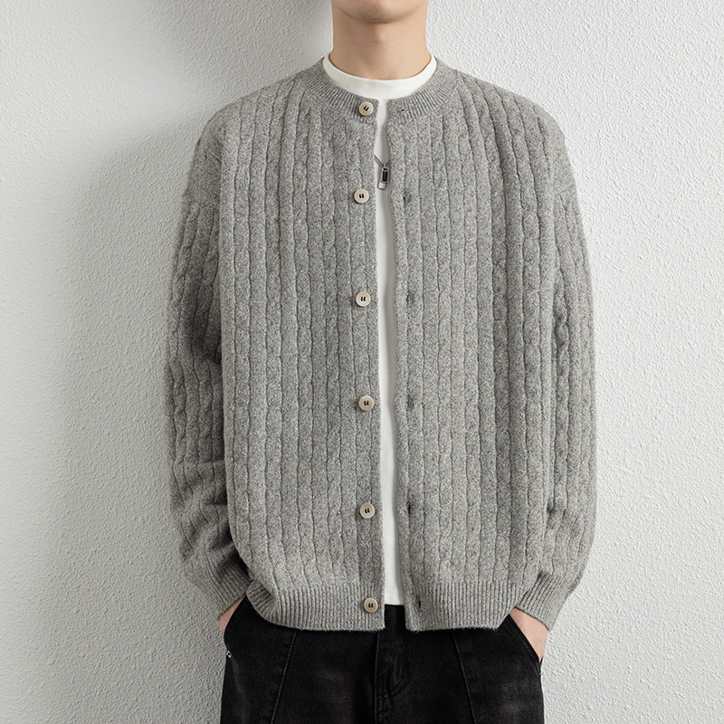 新品时尚麻花针织开衫外套男士季新款潮牌纯色简约休闲毛衣