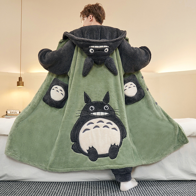 今年新品冬季男士睡袍珊瑚绒保暖加厚可爱卡通连帽法兰绒睡衣男家