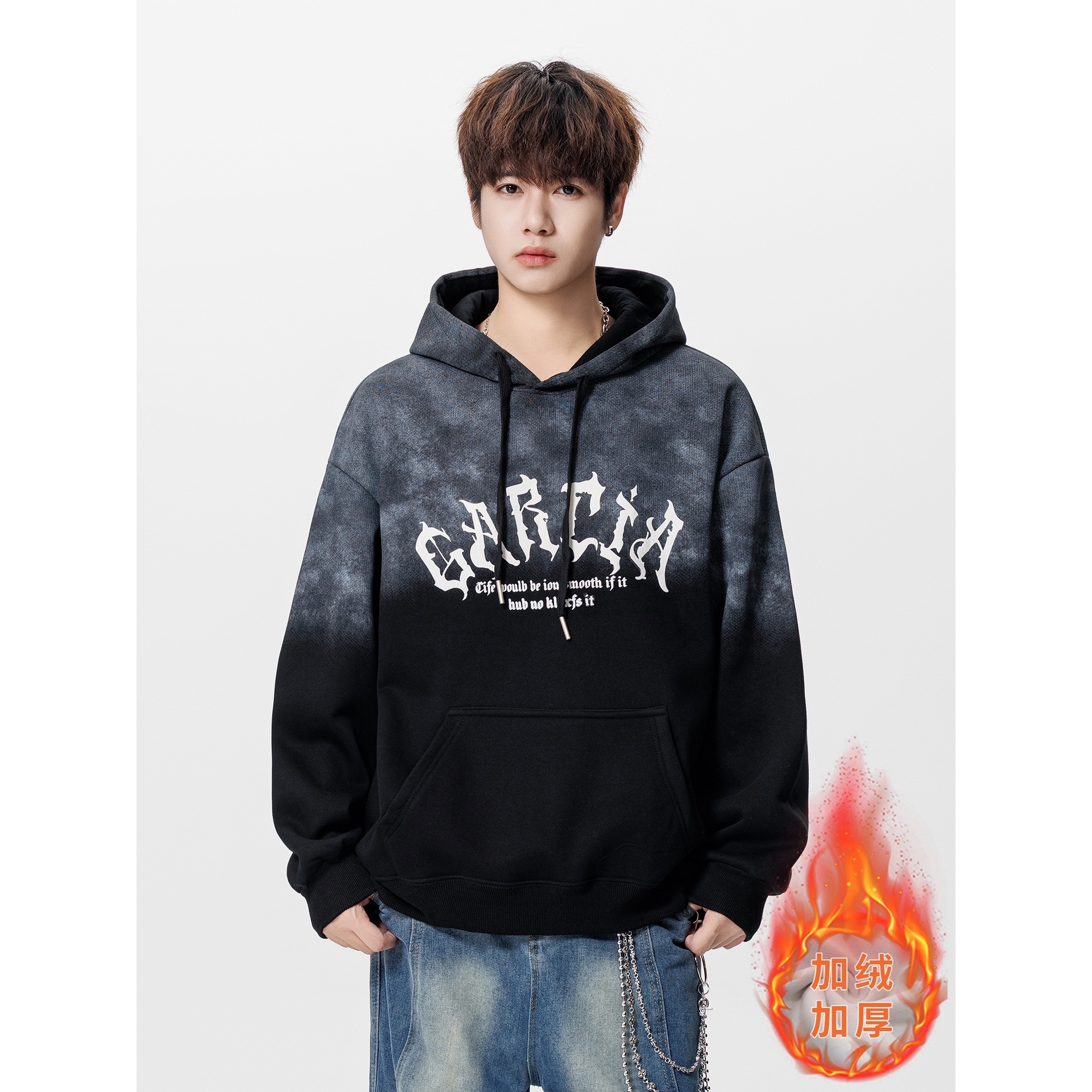 香港撤柜冬季连帽渐变卫衣岁青少年初高中学生加绒加厚潮牌男装