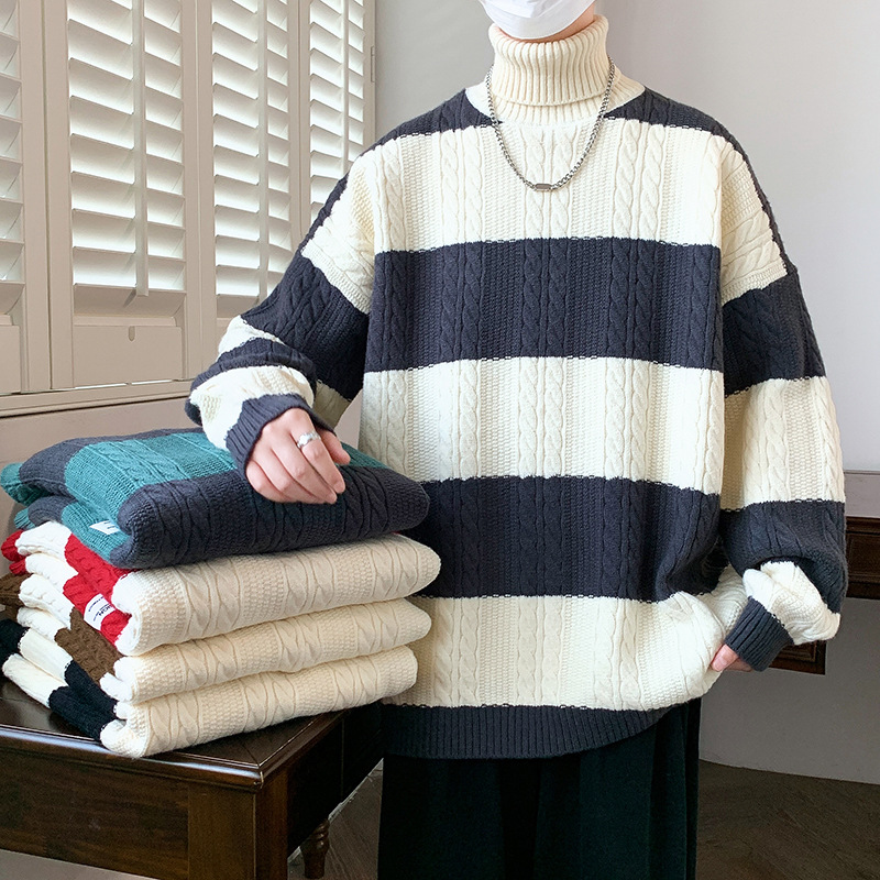 潮流时尚条纹麻花毛衣男冬宽松高领打底针织衫青少年加厚保暖线衣