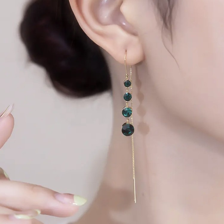撤柜绿色闪钻耳环耳线女气质长款水滴流苏耳坠网红防丢耳饰圆形