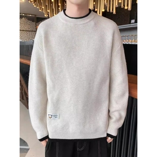 欧洲站圆领男士宽松落肩袖针织毛衣冬季新款潮流低领纯色青年打底
