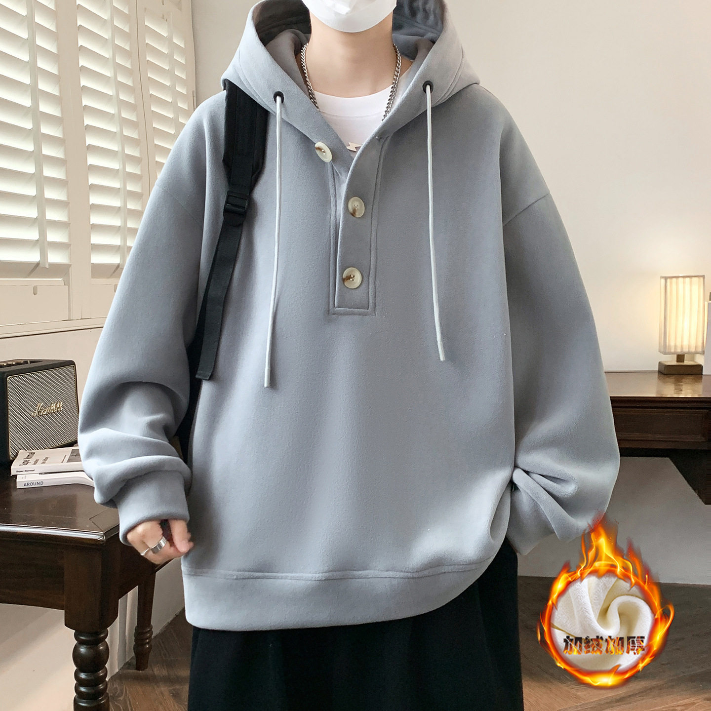 德国冬季新款连帽卫衣男孩初中高中学生加绒加厚外套青少年大童上