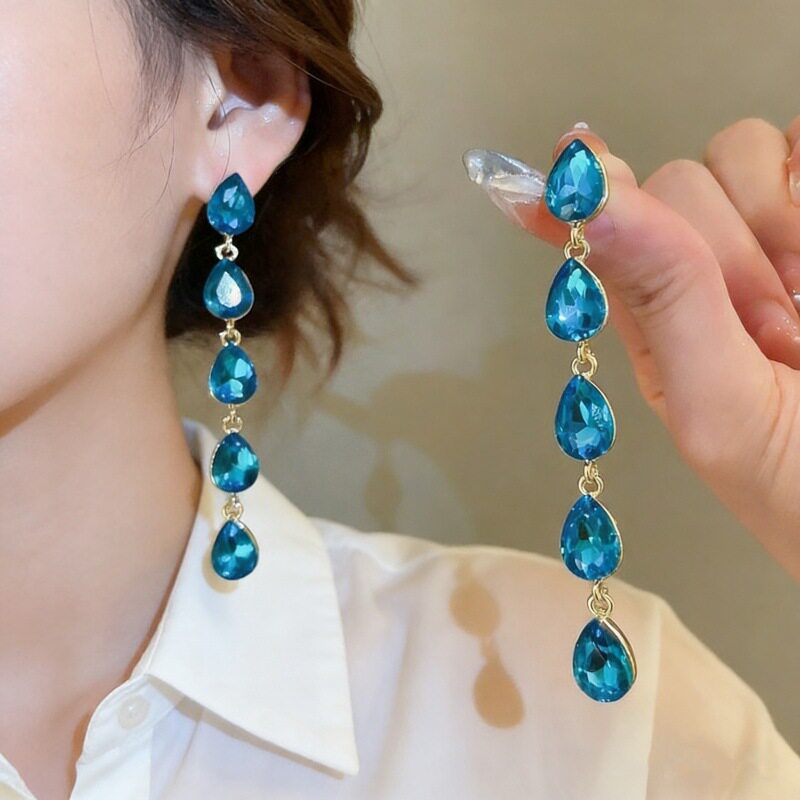 撤柜蓝色锆石镶钻花朵水滴流苏耳环女欧美轻奢高级感夸张个性耳饰