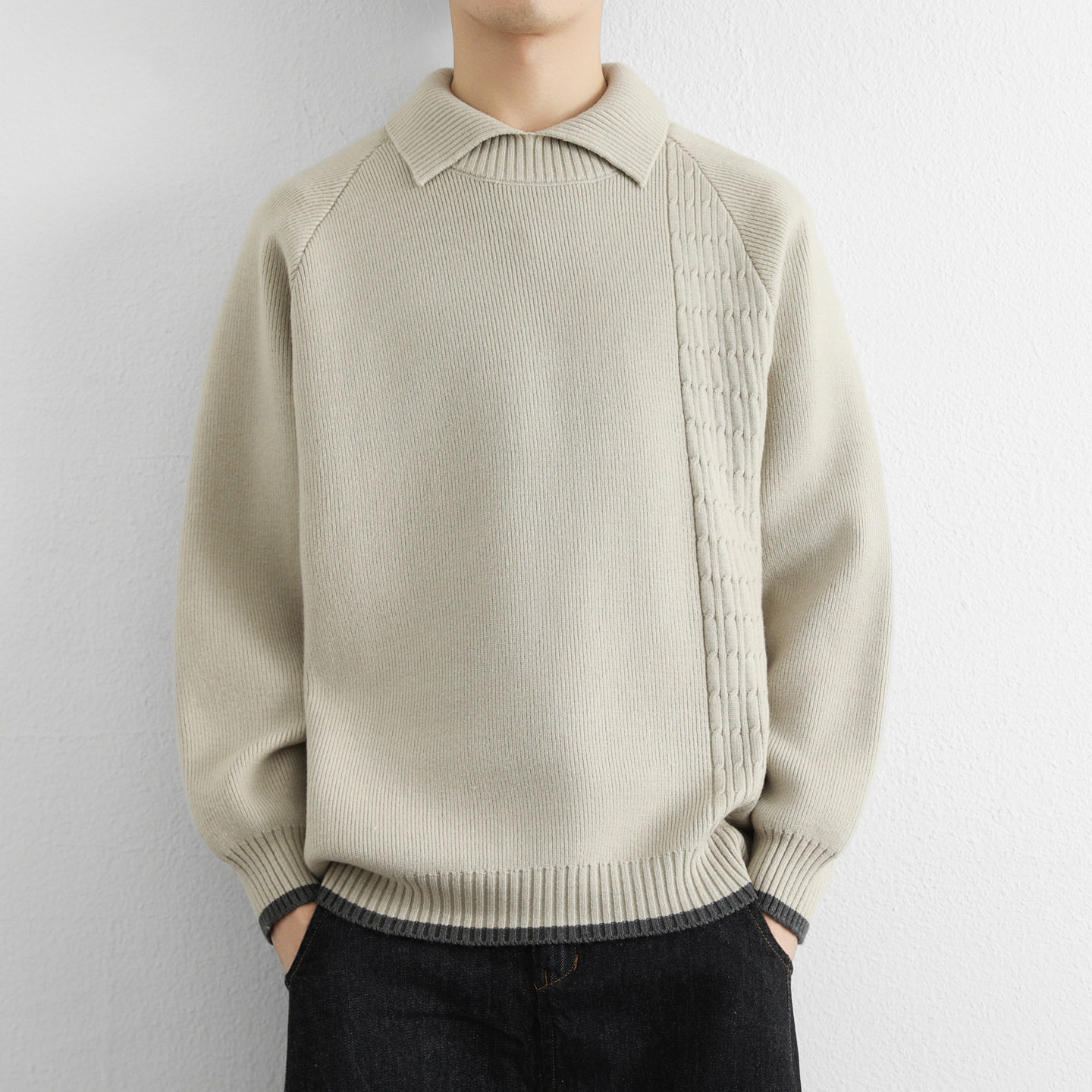 欧洲站高级感翻领毛衣男冬季潮牌痞帅加厚毛线衣青少年内搭针织打