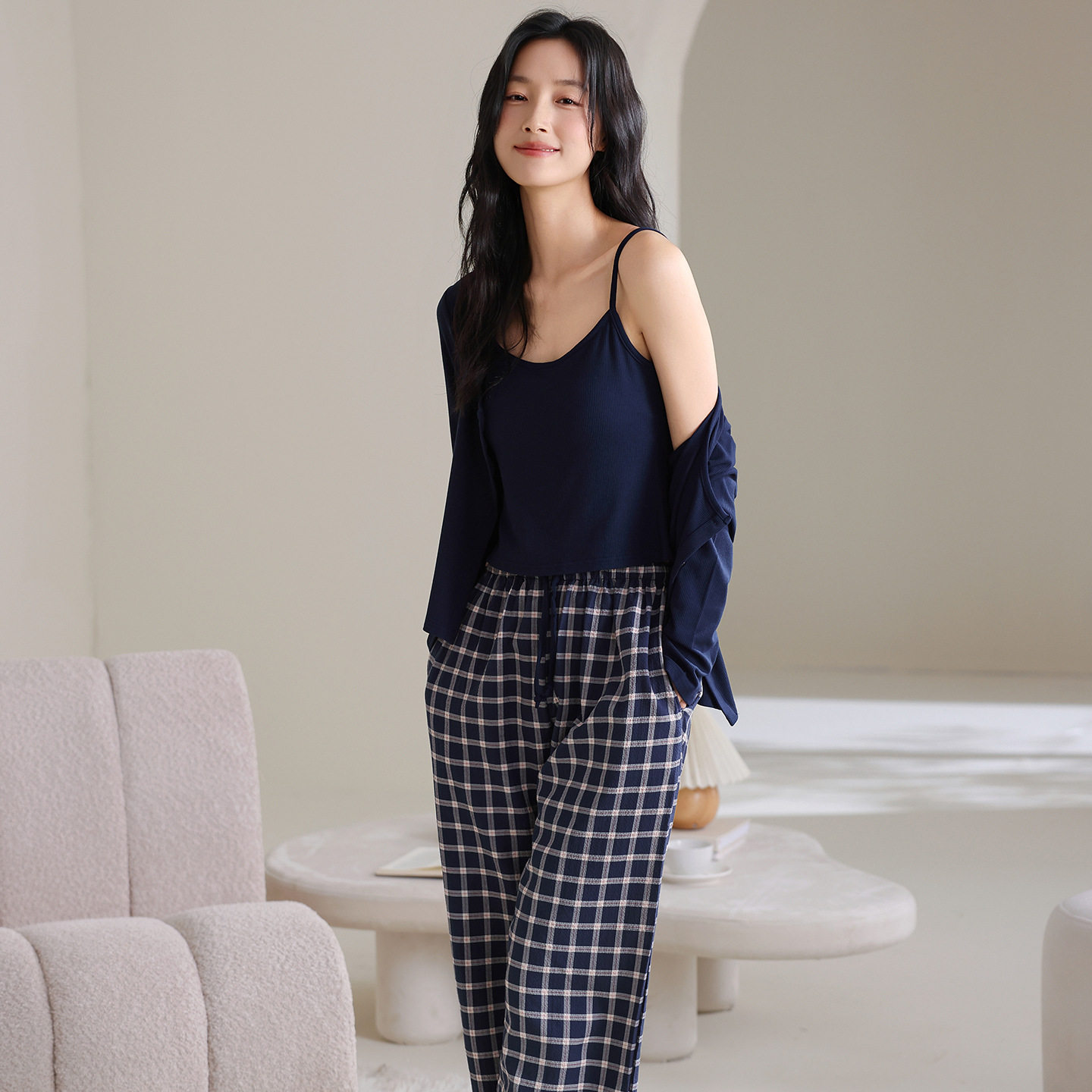 德国新款 三件套睡衣女季螺纹长袖带胸垫彩棉性感吊带家居服