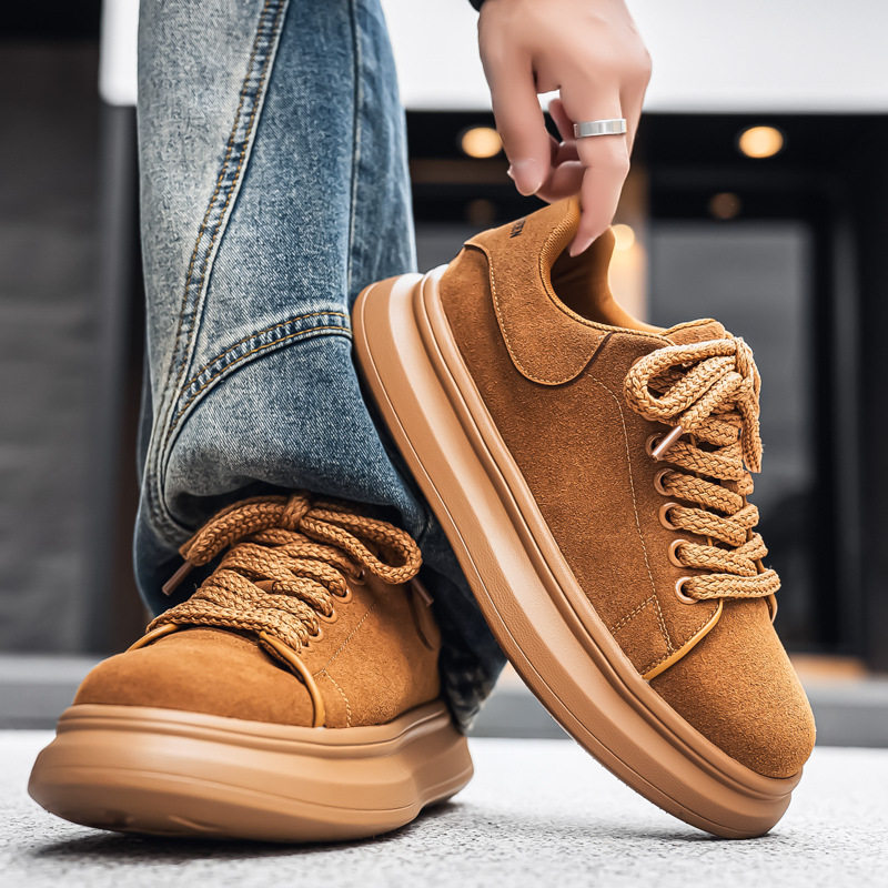 德国男鞋新款冬季潮流复古皮面韩版休闲增高厚底系带板鞋男款百搭