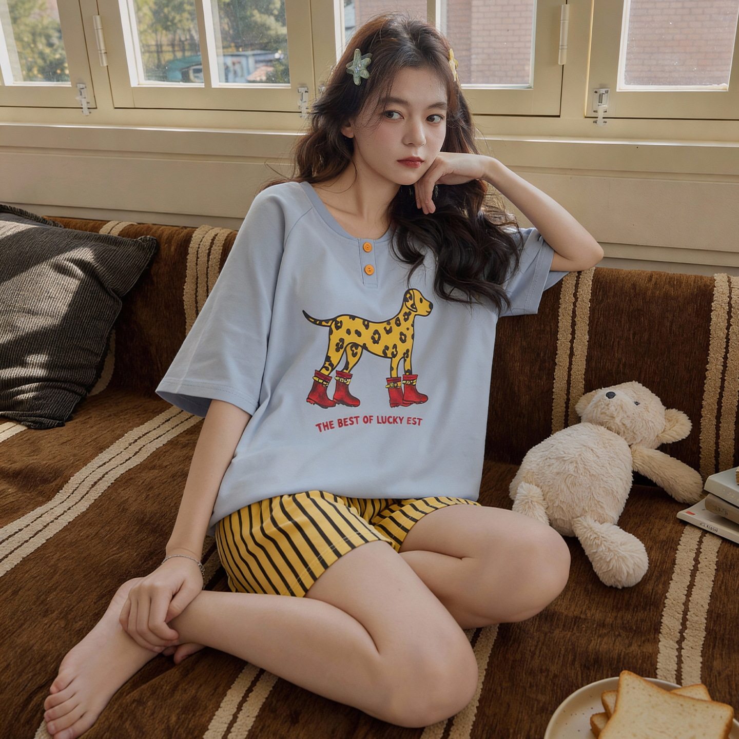 德国带胸垫睡衣女款夏季短袖短裤纯棉女卡通可爱可外穿家居服套装