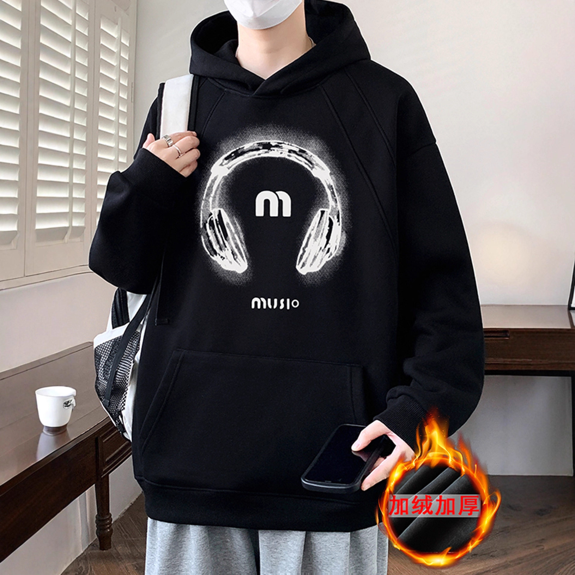 德国冬款加绒卫衣男孩初中高中学生帅气连帽外套青少年大童加厚上