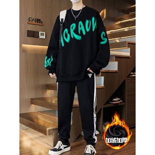 欧洲站冬季加绒加厚套装男孩岁青少年初高中学生圆领卫衣男装