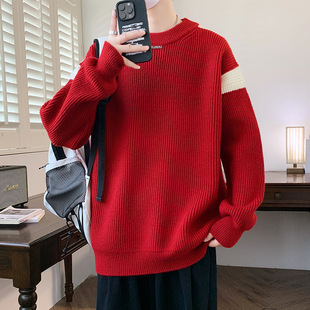 德国新年红色毛衣男款冬季加厚保暖本命年衣服男士撞色慵懒针织衫