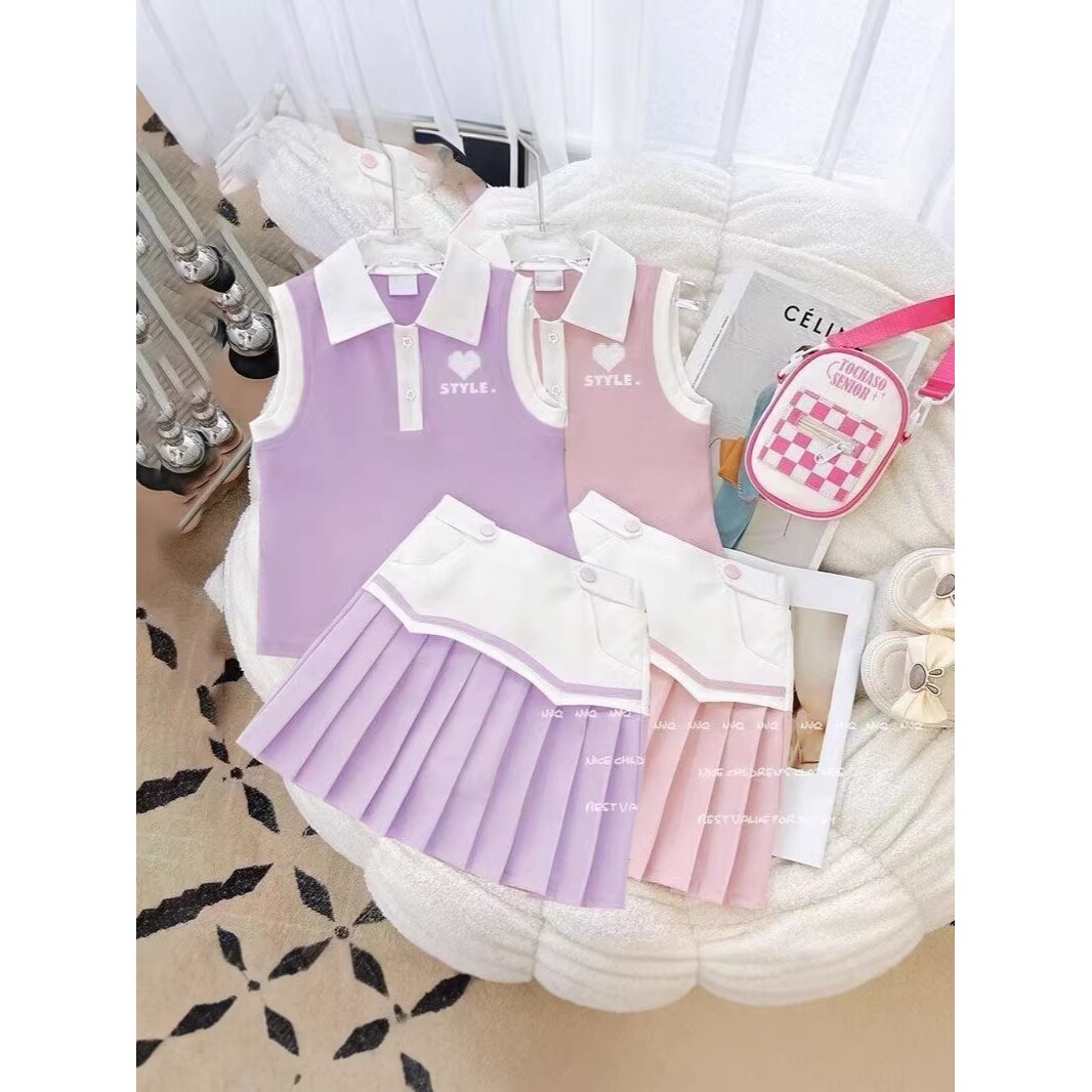 德国女童秋装无袖POLO衫百褶裙两件套新款中大童韩版休闲日系套装