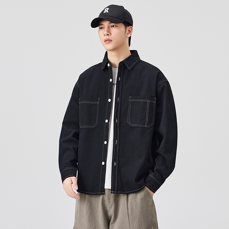 优选时尚复古撞色辑明线长袖衬衫男潮牌街头宽松百搭休闲工装衬衣