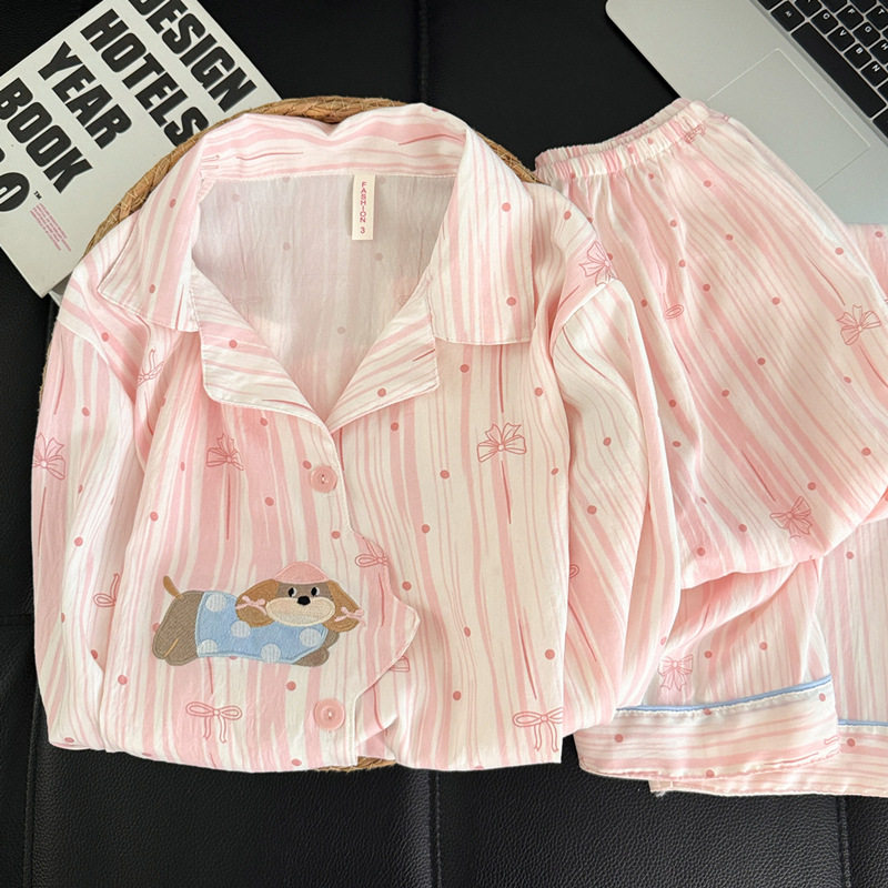 德国腊肠狗云朵纯棉纱睡衣女款新款季长袖卡通学生家居服夏天