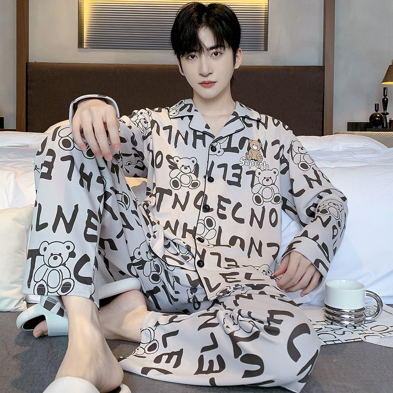 潮牌双面纯棉男士睡衣季长袖长裤套装男款大码全棉宽松休闲家居服