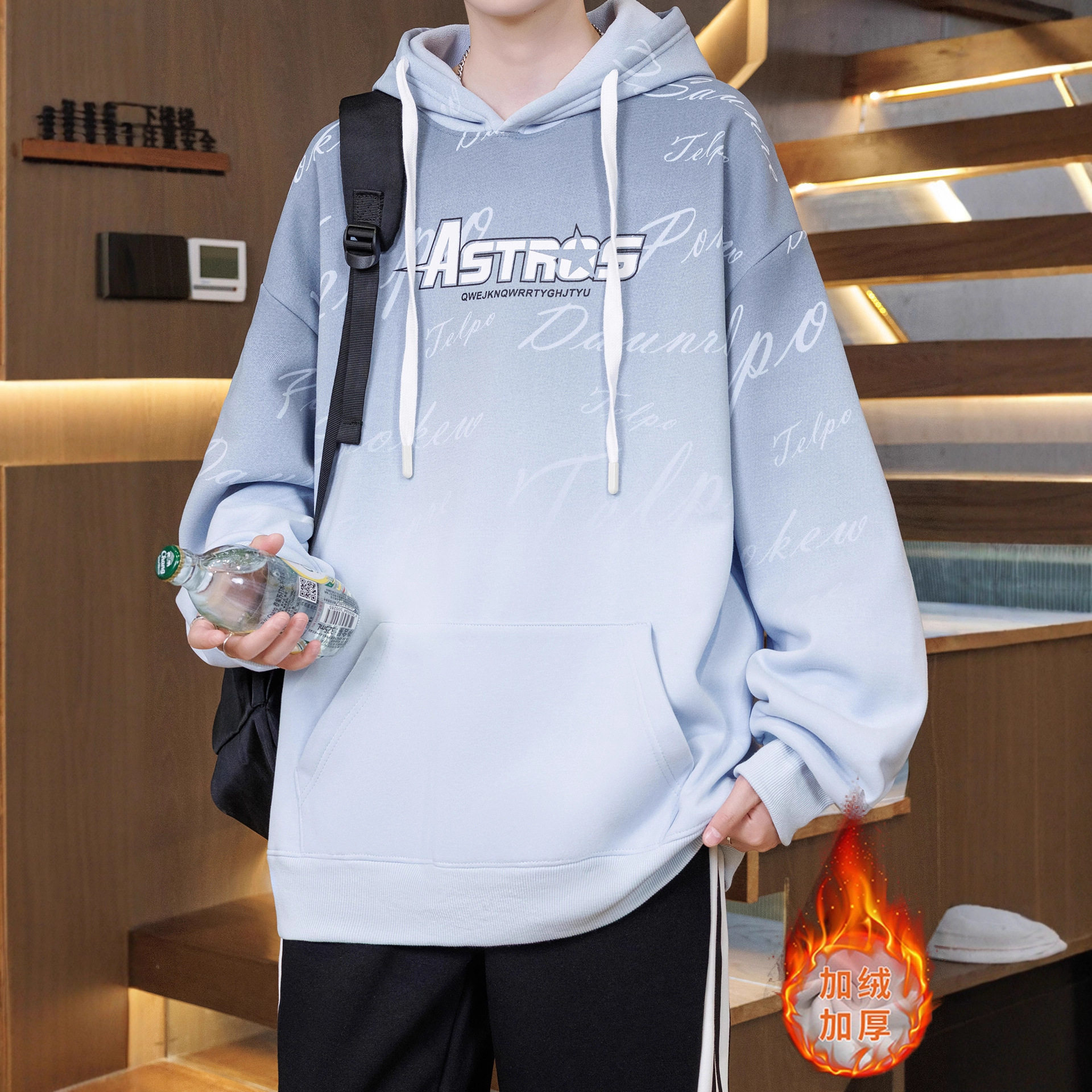 德国冬季加绒卫衣男孩初中高中学生加厚外套青少年帅气大童男装上