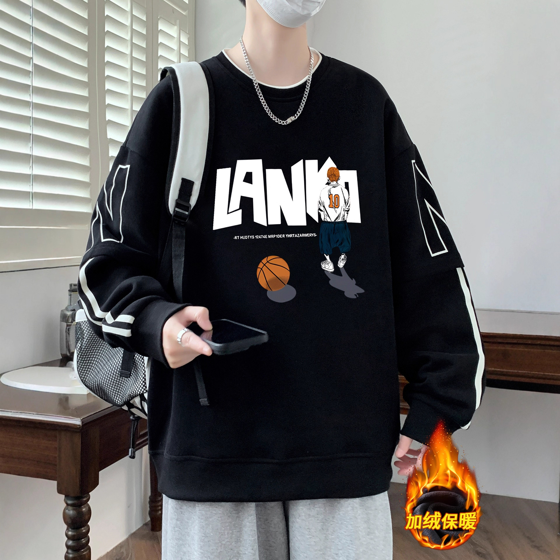 香港撤柜冬季青少年加绒加厚卫衣男孩初中学生潮流帅气打底衫大童