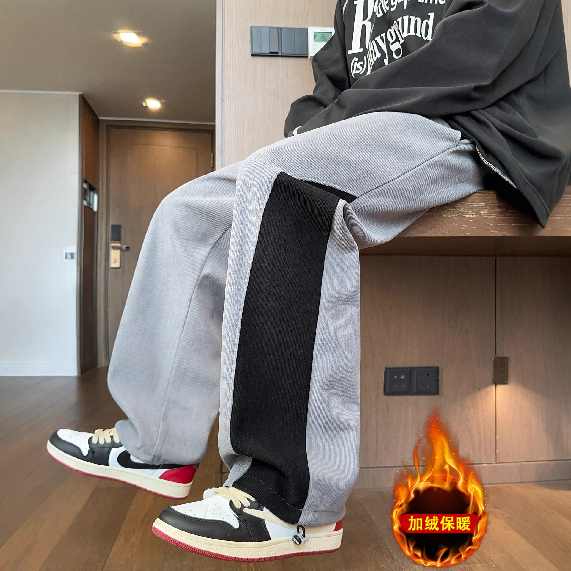 香港撤柜冬款休闲裤子男孩初中高中学生加绒加厚青少年大童阔腿直