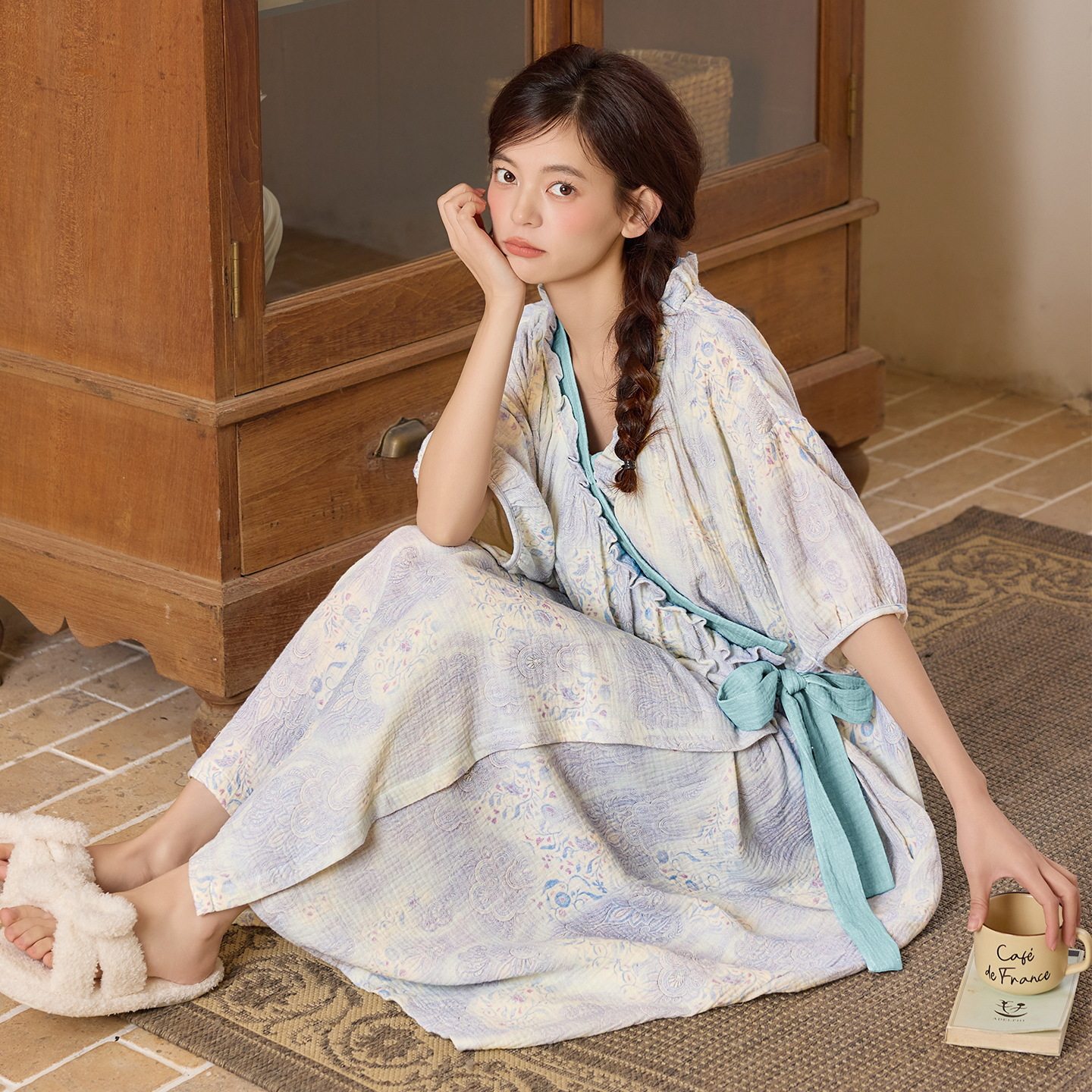 德国甜美可爱睡裙带胸垫睡衣女士夏季新款印花宽松和服裙家居服