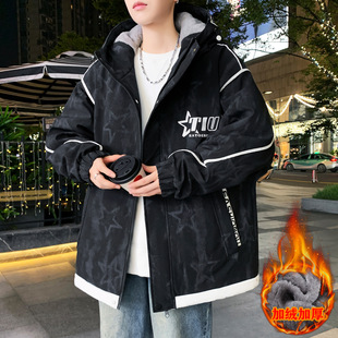 欧洲站冬款外套男初中高中学生加绒加厚棉服青少年大童冬装冲锋衣