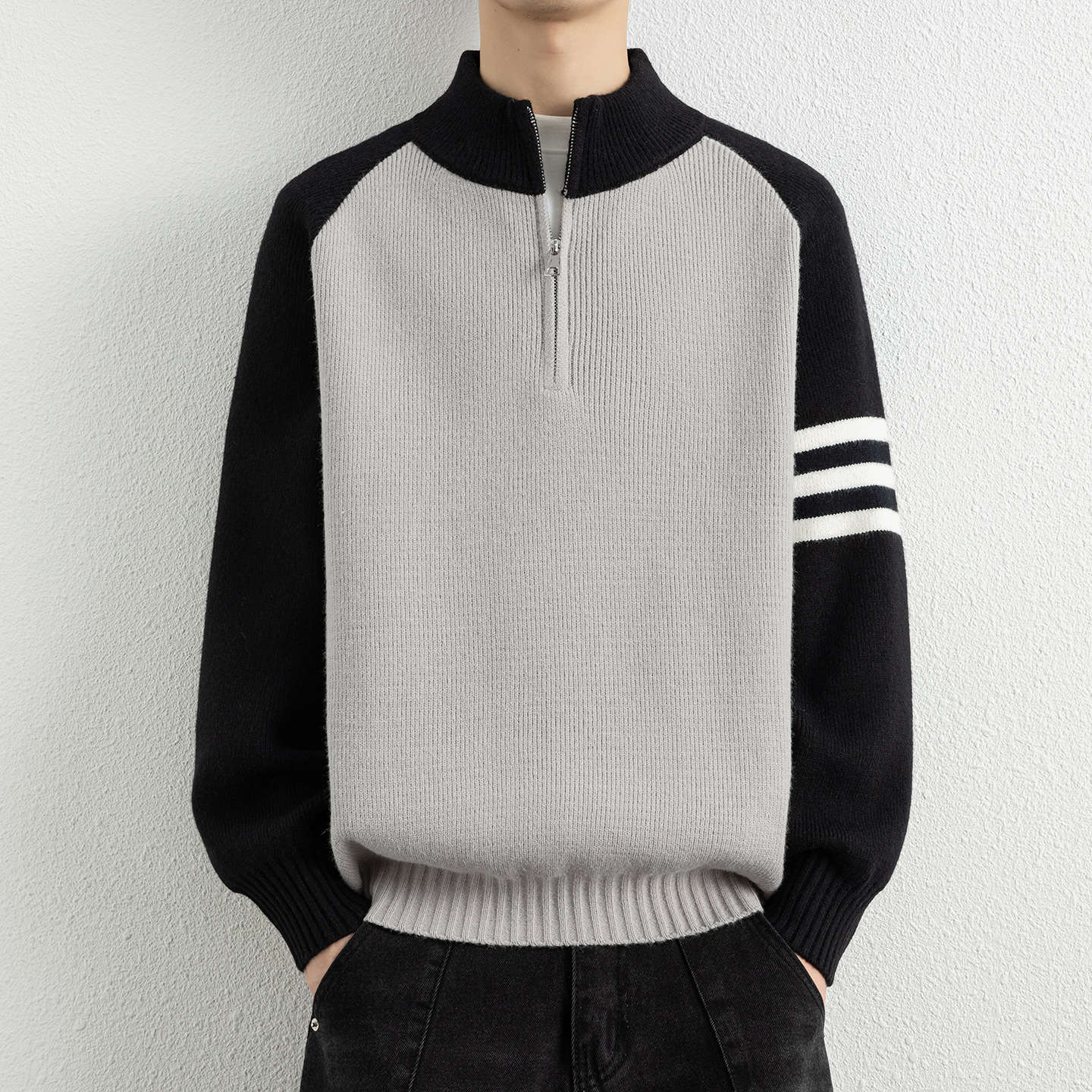 个性时尚半高领拉链毛衣男冬款新品男士宽松套头拼色打底针织衫