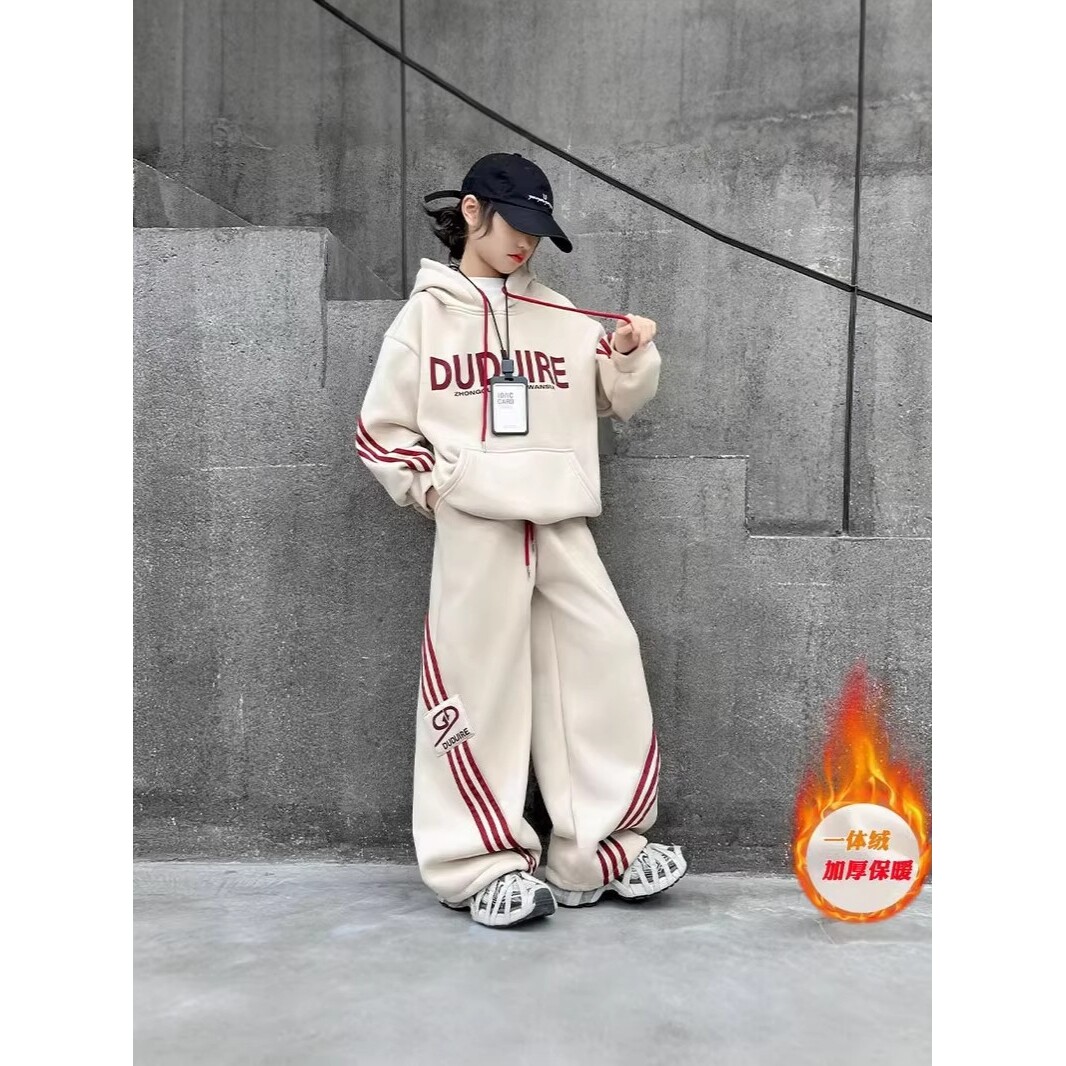 德国女童冬装加绒连帽卫衣卫裤两件套新款中大童条纹韩版运动套装