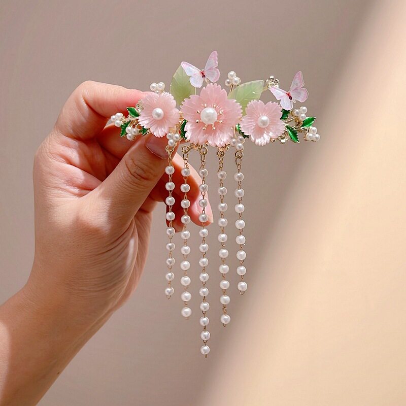 撤柜古风珍珠蝴蝶花朵流苏发夹汉服后压弹簧夹发卡新款高端发饰品