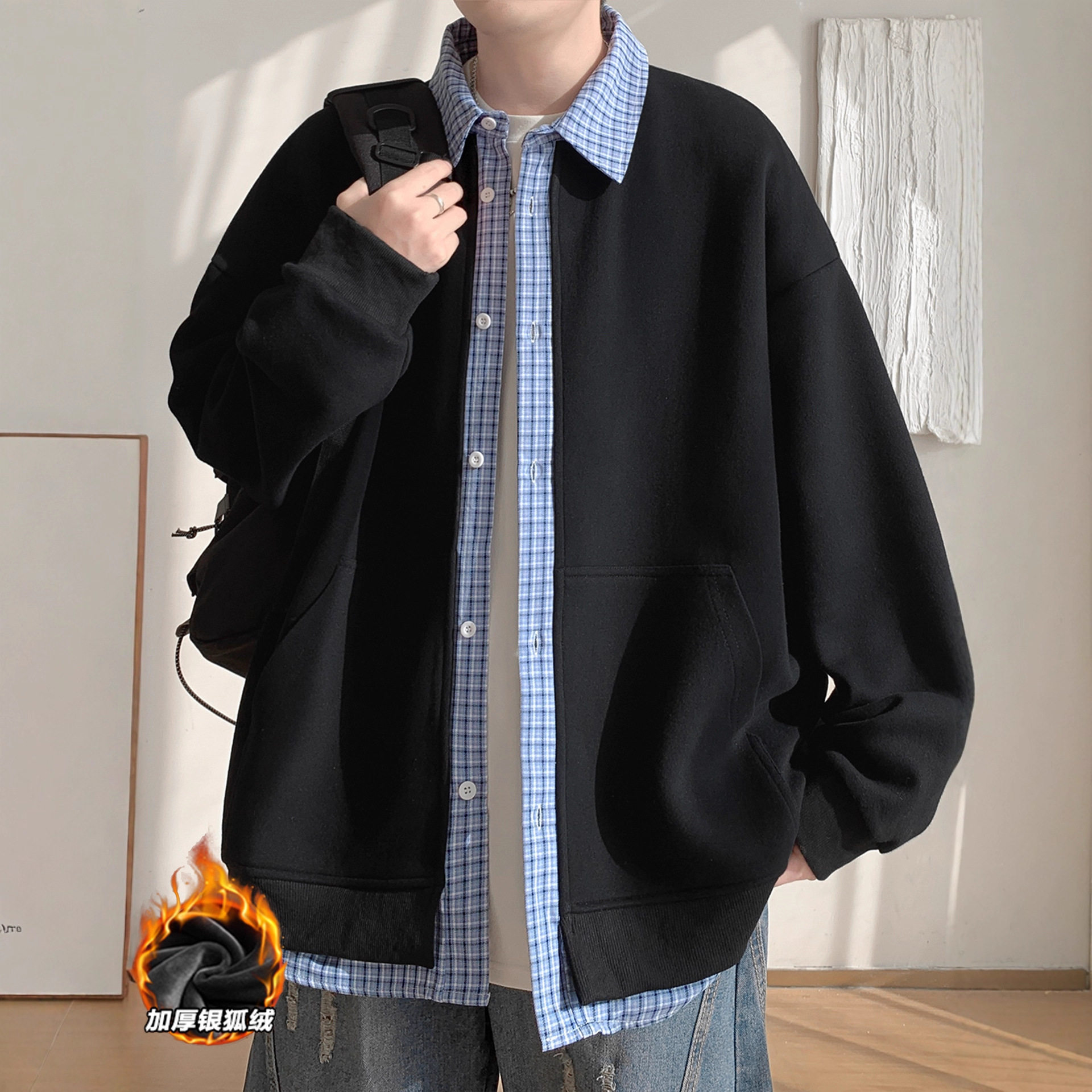 德国冬款假两件卫衣开衫男初中高中学生加绒加厚外套青少年大童上