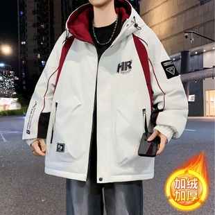 欧洲站加绒加厚外套男冬款青少年潮流百搭夹克初中高中学生冬天冲