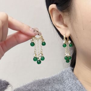 撤柜时尚清新八面玲珑祖母绿猫眼石爱心耳扣镶钻流苏耳坠气质古风