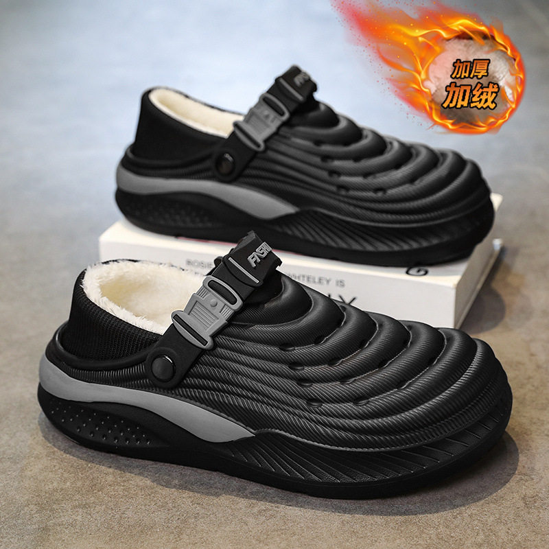 欧洲站棉拖鞋男款冬季加绒保暖包跟棉鞋外穿防水防滑厚底增高大码