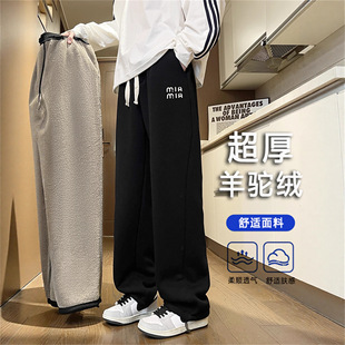欧洲站青少年超厚羊驼绒休闲裤男生冬季潮流加绒加厚保暖直筒运动
