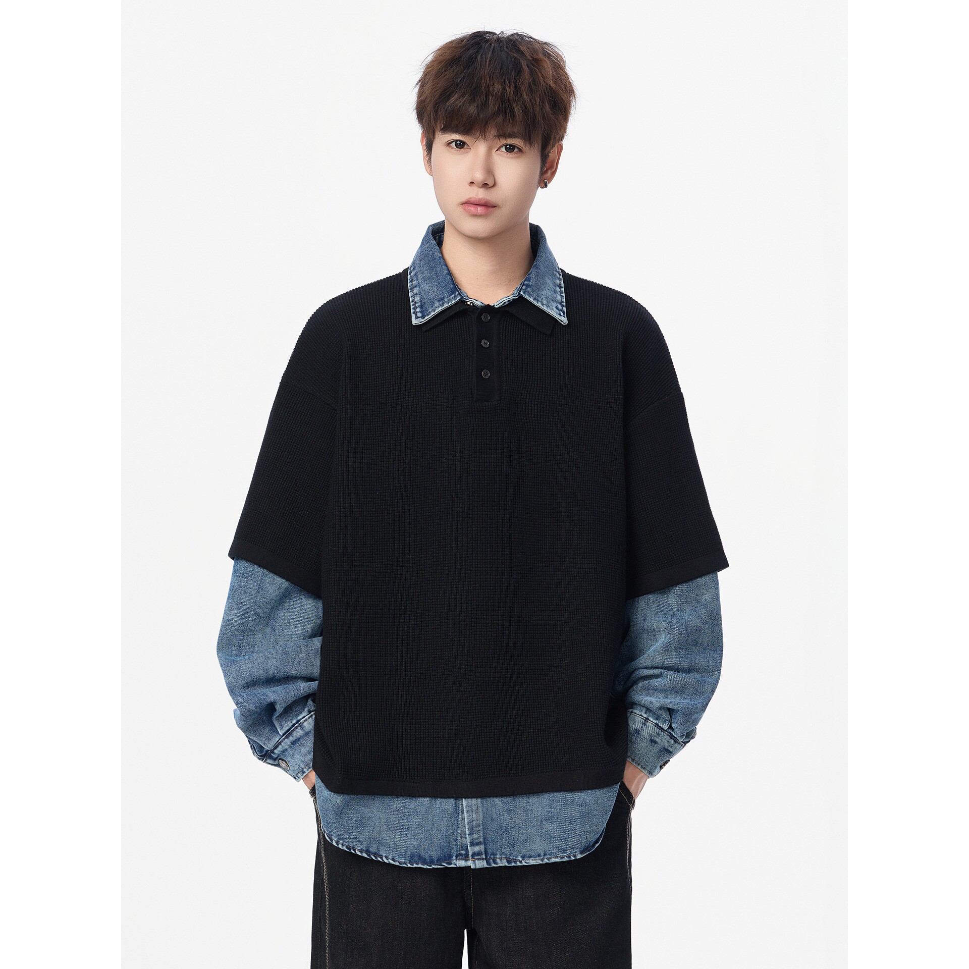 欧洲站假两件毛衣男冬季新款美式宽松衬衫领针织衫男士高级感套头